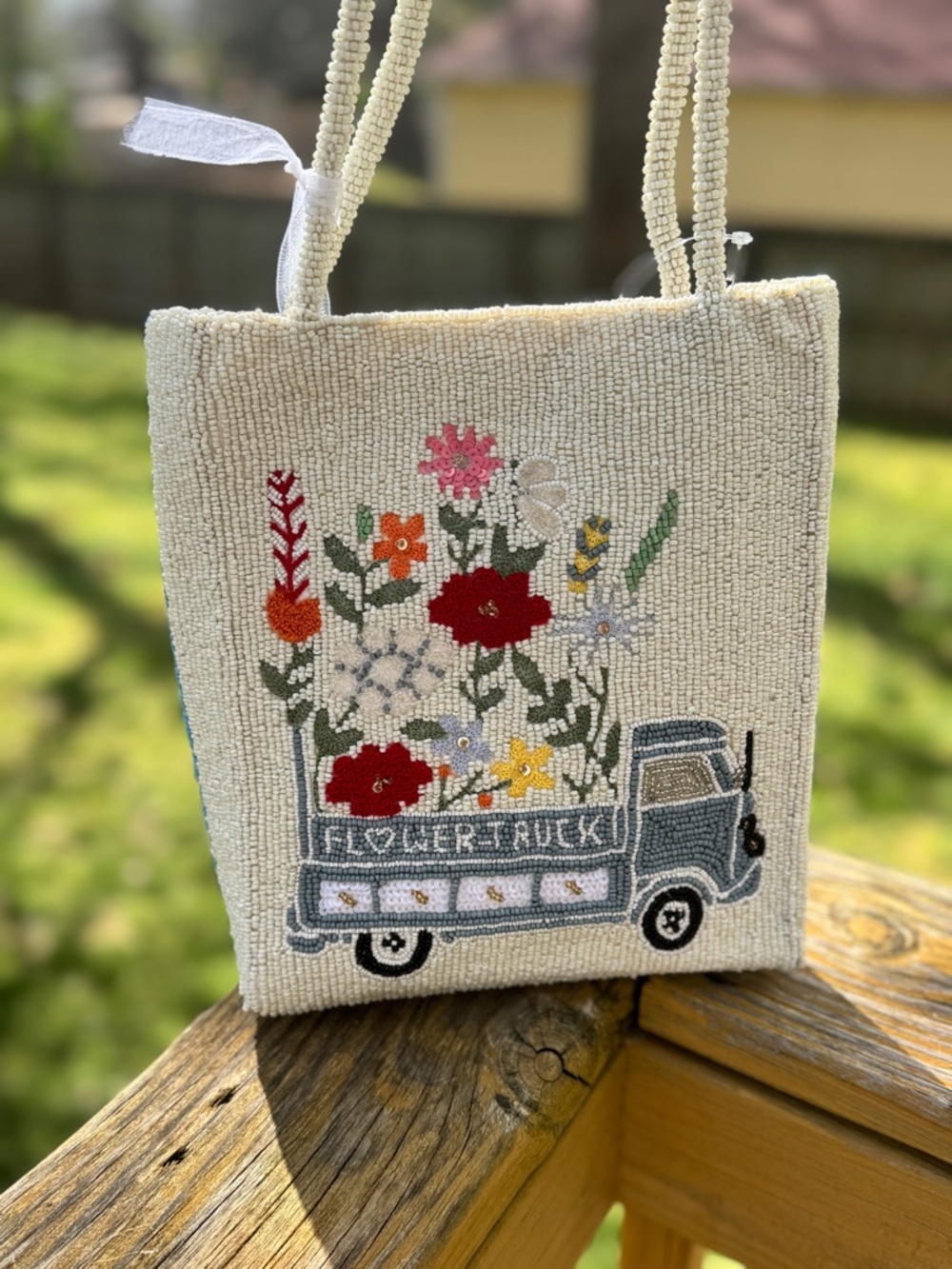 Beaded Flower Truck Shoulder Bag - Cream NWT